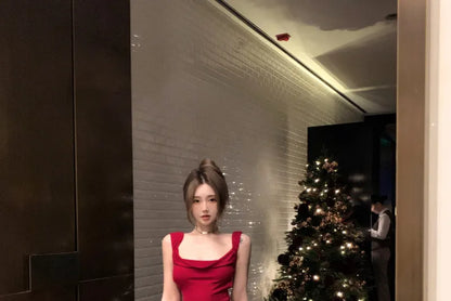 Red Mermaid Square Satin Backless With Bow Long Prom Dress,Party Dress,Evening Dress GG3848