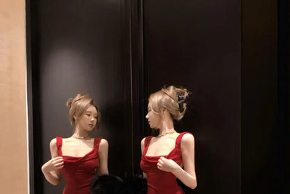 Red Mermaid Square Satin Backless With Bow Long Prom Dress,Party Dress,Evening Dress GG3848