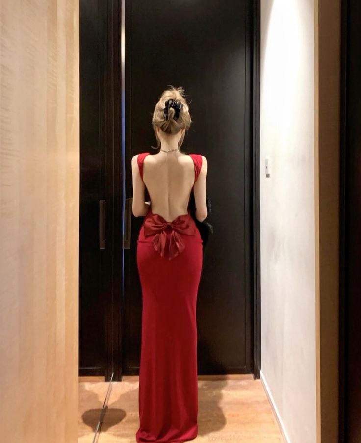 Red Mermaid Square Satin Backless With Bow Long Prom Dress,Party Dress,Evening Dress GG3848