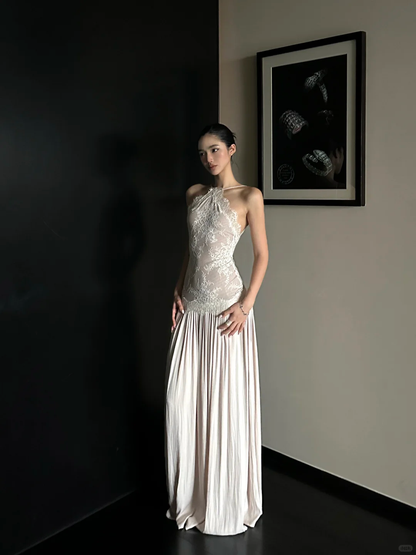 Pretty A Line Halter Satin Lace Backless Long Prom Dress,Party Dress,Evening Dress GG3852