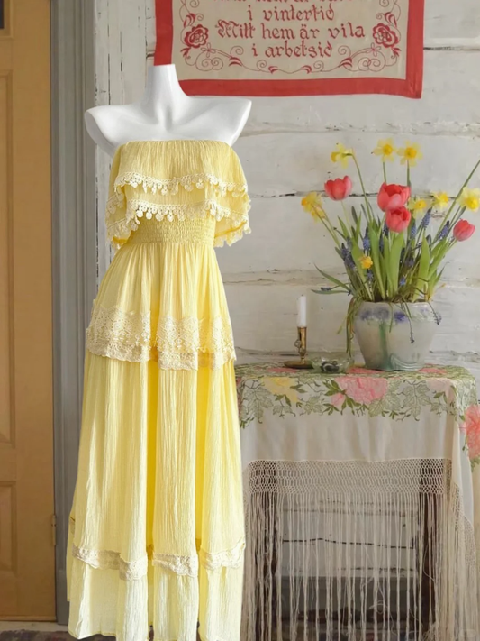 Chic A Line Strapless Pastel Yellow Satin Lace Long Prom Dress,Party Dress,Evening Dress GG3858