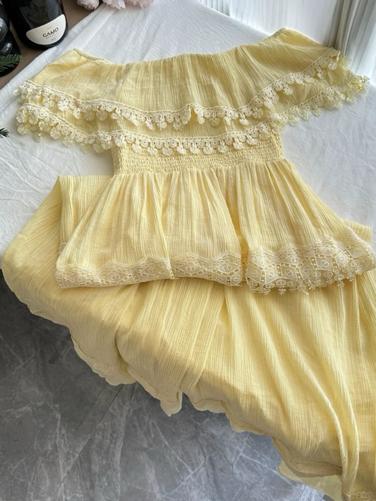 Chic A Line Strapless Pastel Yellow Satin Lace Long Prom Dress,Party Dress,Evening Dress GG3858