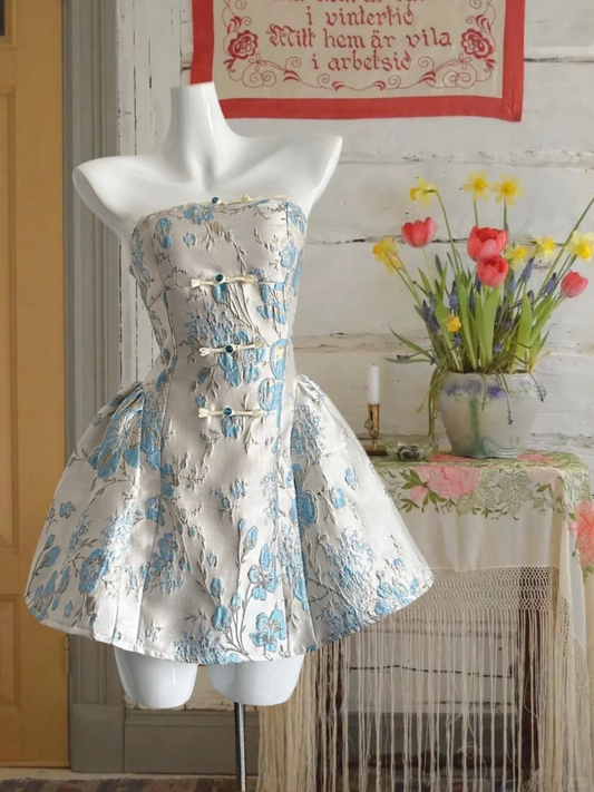 Unique Ball Gown Strapless Satin Printed Short Homecoming Dress,Summer 19th Birthday Dress GG3859