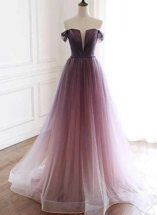Gorgeous A Line Off The Shoulder Tulle Gradient Long Prom Dress,Evening Dress GG385