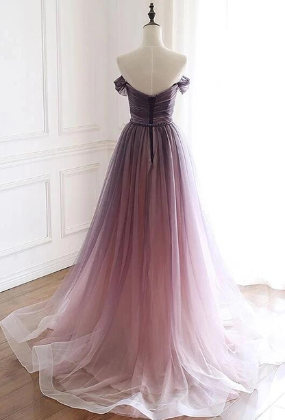 Gorgeous A Line Off The Shoulder Tulle Gradient Long Prom Dress,Evening Dress GG385