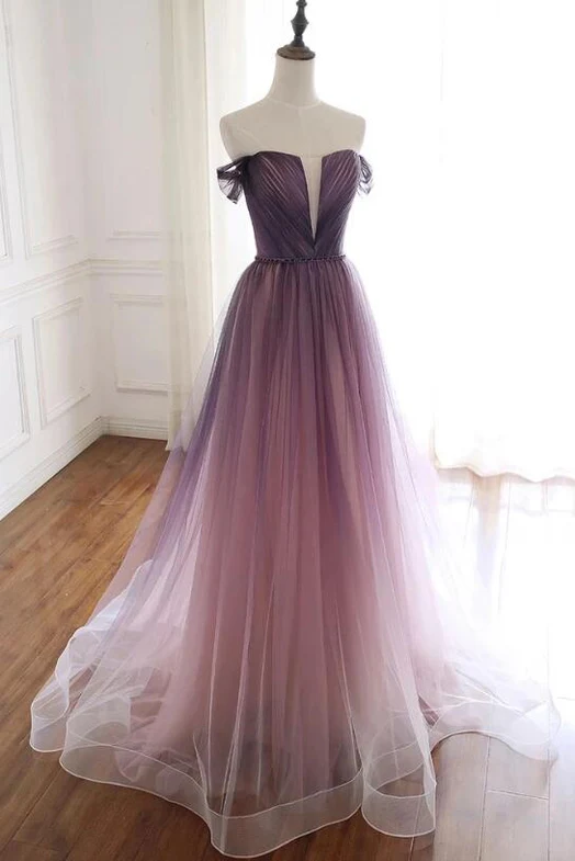 Gorgeous A Line Off The Shoulder Tulle Gradient Long Prom Dress,Evening Dress GG385