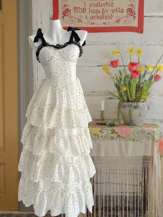 Sweet A Line Spaghetti Straps Satin Chiffon Polka Dots Tiered Long Prom Dress,Party Dress,Evening Dress GG3863