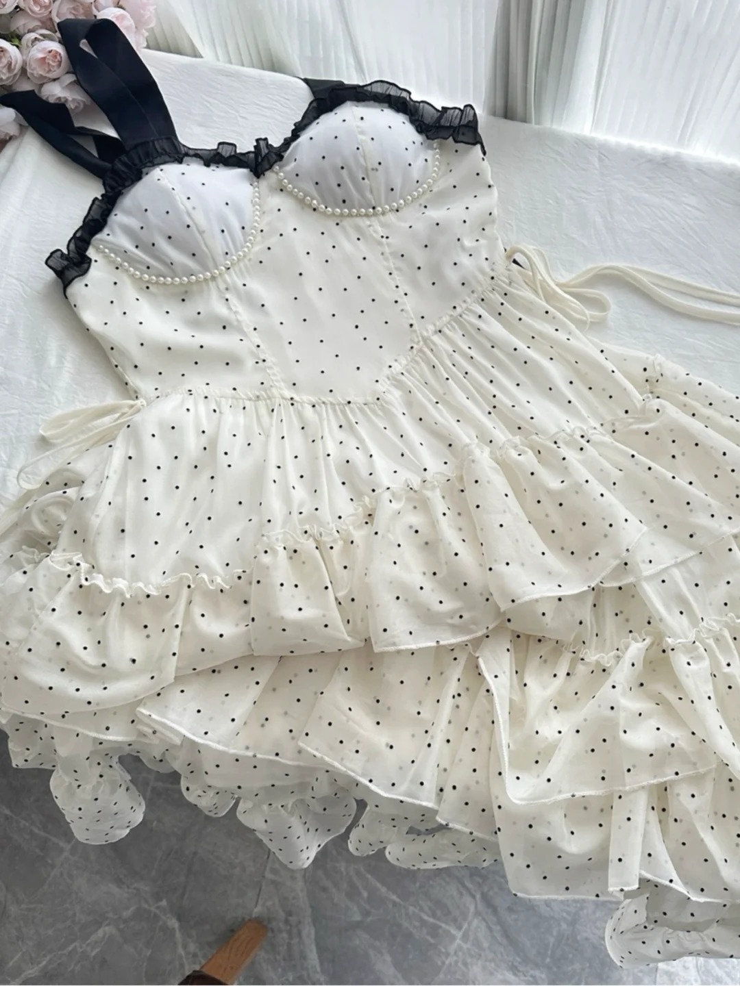 Sweet A Line Spaghetti Straps Satin Chiffon Polka Dots Tiered Long Prom Dress,Party Dress,Evening Dress GG3863