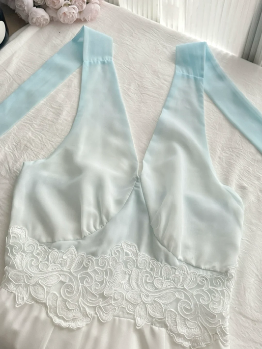 Unique Gradient A Line Halter Chiffon Lace Long Prom Dress,Party Dress,Evening Dress GG3864