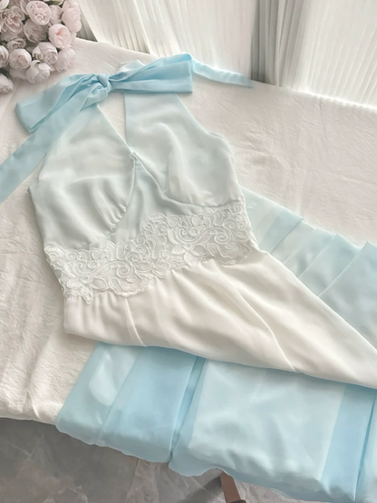 Unique Gradient A Line Halter Chiffon Lace Long Prom Dress,Party Dress,Evening Dress GG3864