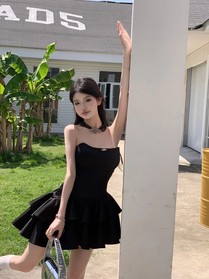 Cute A Line Strapless Black Satin Short Homecoming Dress,Summer 18th Birthday Dress GG3865