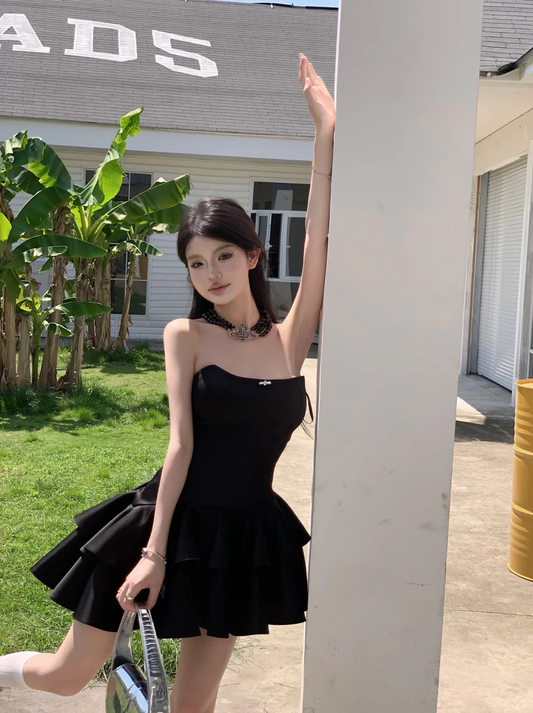 Cute A Line Strapless Black Satin Short Homecoming Dress,Summer 18th Birthday Dress GG3865