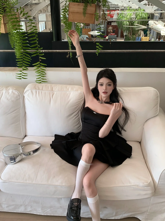 Cute A Line Strapless Black Satin Short Homecoming Dress,Summer 18th Birthday Dress GG3865