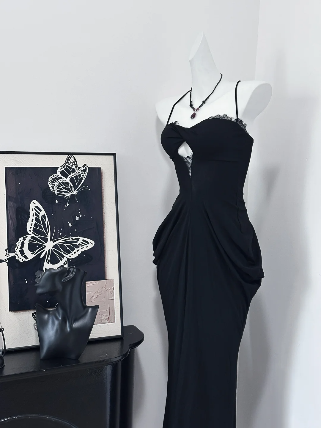 Sexy Mermaid Spaghetti Straps Black Satin Lace Long Prom Dress,Party Dress,Evening Dress GG3866