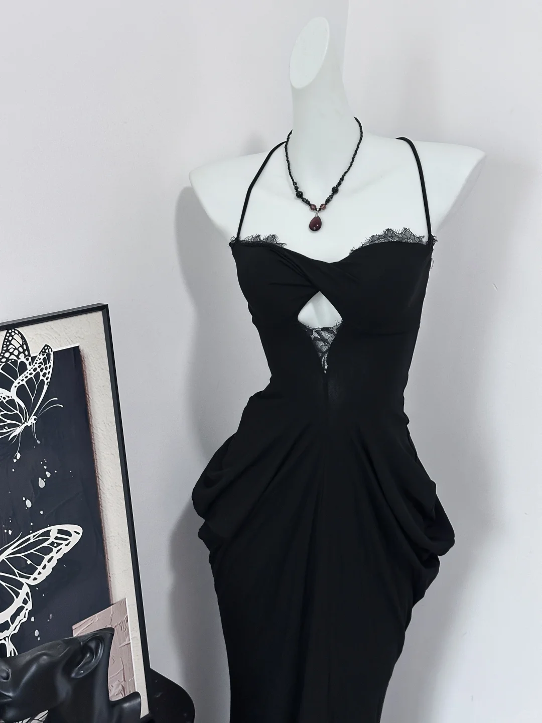Sexy Mermaid Spaghetti Straps Black Satin Lace Long Prom Dress,Party Dress,Evening Dress GG3866
