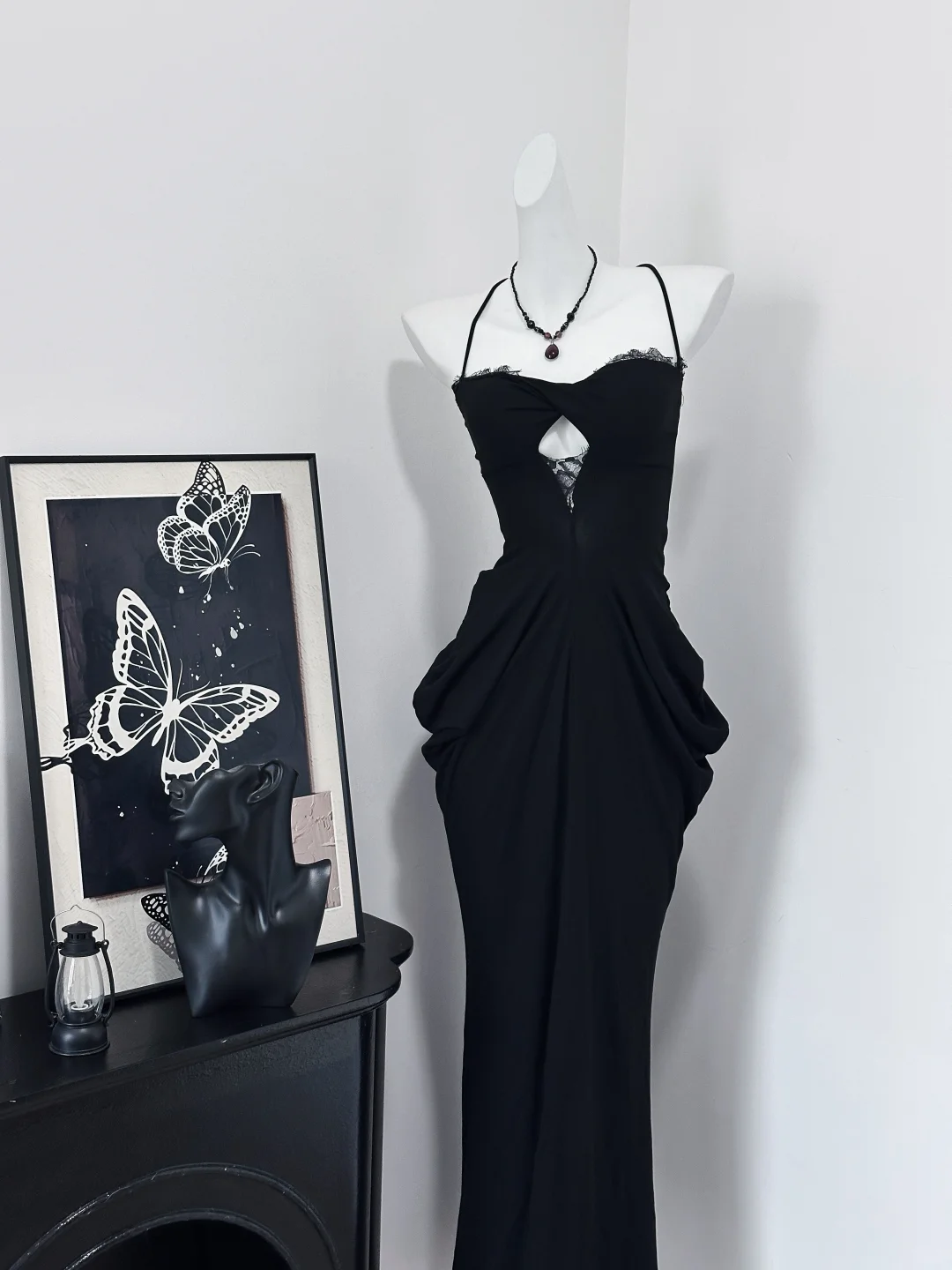 Sexy Mermaid Spaghetti Straps Black Satin Lace Long Prom Dress,Party Dress,Evening Dress GG3866