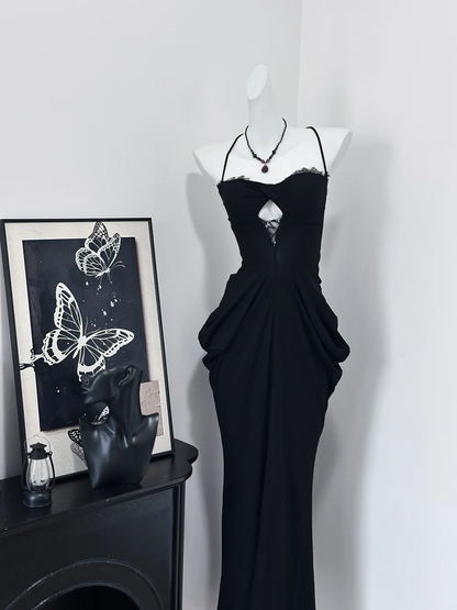 Sexy Mermaid Spaghetti Straps Black Satin Lace Long Prom Dress,Party Dress,Evening Dress GG3866