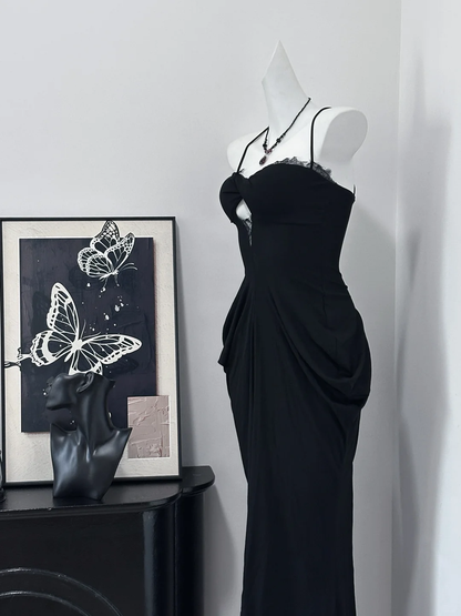 Sexy Mermaid Spaghetti Straps Black Satin Lace Long Prom Dress,Party Dress,Evening Dress GG3866