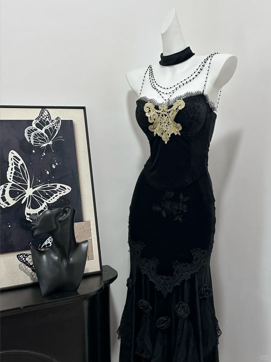 Gorgeous Mermaid Spaghetti Straps Black Satin Applique Beads Long Prom Dress,Party Dress,Evening Dress GG3867