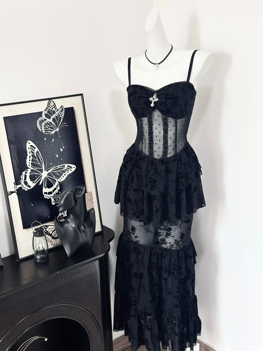 Sexy A Line Spaghetti Straps Black Chiffon Lace Tiered Long Prom Dress,Party Dress,Evening Dress GG3869