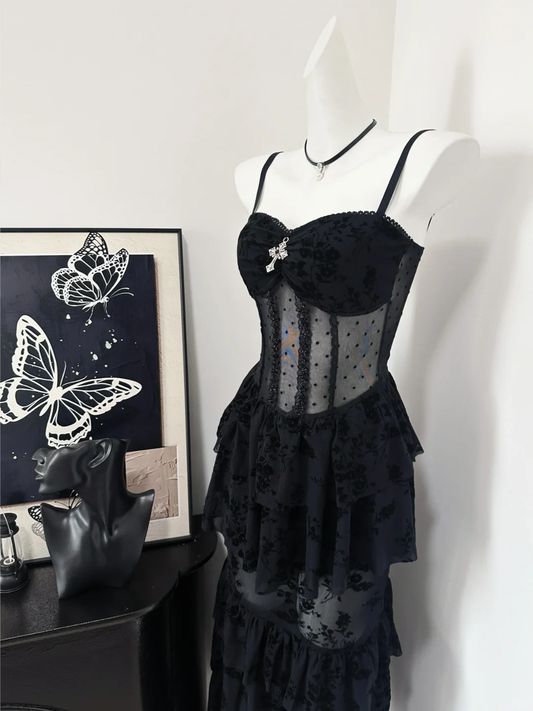 Sexy A Line Spaghetti Straps Black Chiffon Lace Tiered Long Prom Dress,Party Dress,Evening Dress GG3869