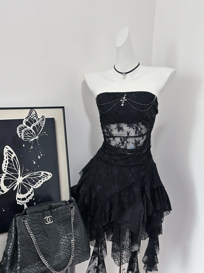 Chic A Line Strapless Black Chiffon Lace Short Homecoming Dress,Summer 18th Birthday Dress GG3870