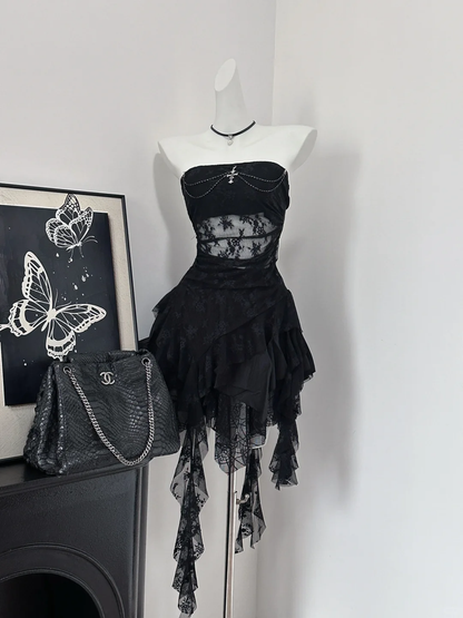 Chic A Line Strapless Black Chiffon Lace Short Homecoming Dress,Summer 18th Birthday Dress GG3870