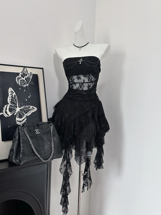 Chic A Line Strapless Black Chiffon Lace Short Homecoming Dress,Summer 18th Birthday Dress GG3870