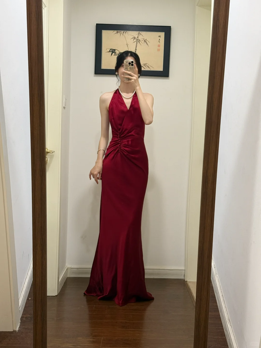 Burgundy Mermaid Halter V Neck Satin Pleated Long Prom Dress,Party Dress,Evening Dress GG3874