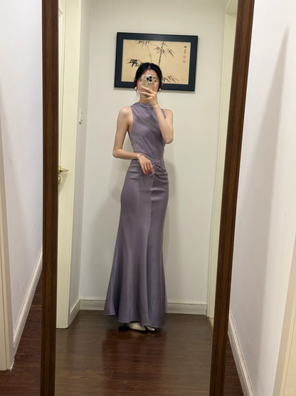 Elegant Mermaid Halter Dusty Purple Satin Long Prom Dress,Party Dress,Evening Dress GG3875