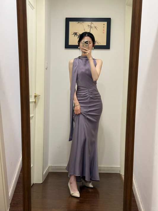 Elegant Mermaid Halter Dusty Purple Satin Long Prom Dress,Party Dress,Evening Dress GG3875