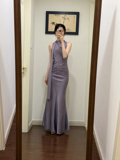 Elegant Mermaid Halter Dusty Purple Satin Long Prom Dress,Party Dress,Evening Dress GG3875
