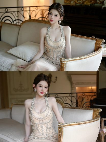 Gorgeous Mermaid Halter Satin Tulle Beads Long Prom Dress,Party Dress,Evening Dress GG3876