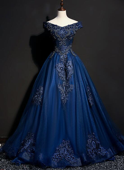 Gorgeous A Line Off The Shoulder Dark Blue Tulle Applique Long Prom Dress,Evening Dress GG388