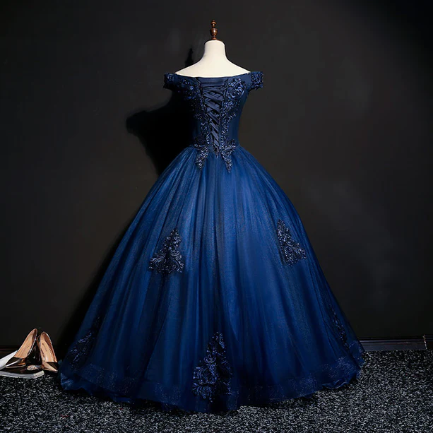 Gorgeous A Line Off The Shoulder Dark Blue Tulle Applique Long Prom Dress,Evening Dress GG388