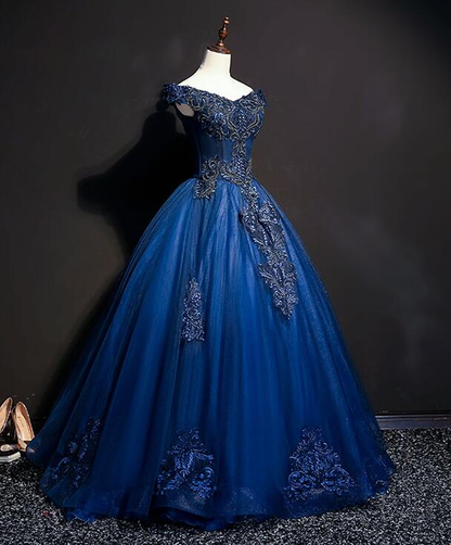 Gorgeous A Line Off The Shoulder Dark Blue Tulle Applique Long Prom Dress,Evening Dress GG388