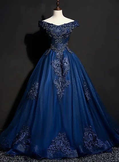 Gorgeous A Line Off The Shoulder Dark Blue Tulle Applique Long Prom Dress,Evening Dress GG388