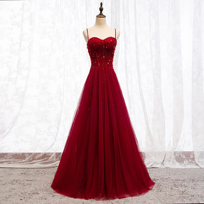 Gorgeous A Line Sweetheart Straps Red Beaded Long Prom Dress,Evening Dress GG389