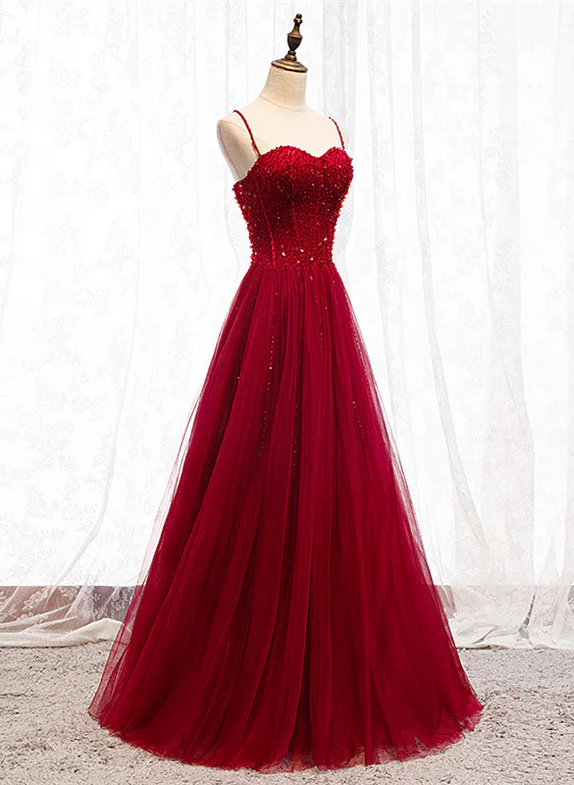 Gorgeous A Line Sweetheart Straps Red Beaded Long Prom Dress,Evening Dress GG389