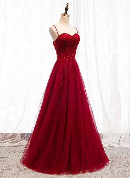 Gorgeous A Line Sweetheart Straps Red Beaded Long Prom Dress,Evening Dress GG389