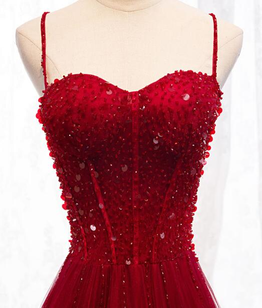 Gorgeous A Line Sweetheart Straps Red Beaded Long Prom Dress,Evening Dress GG389