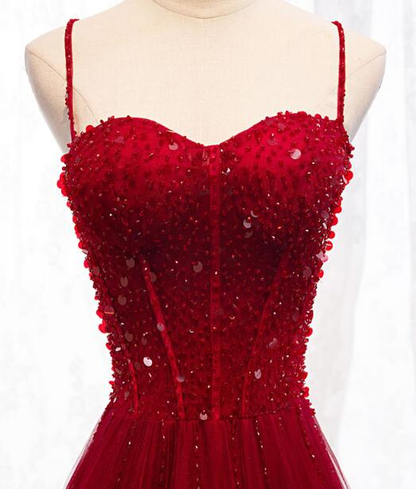 Gorgeous A Line Sweetheart Straps Red Beaded Long Prom Dress,Evening Dress GG389