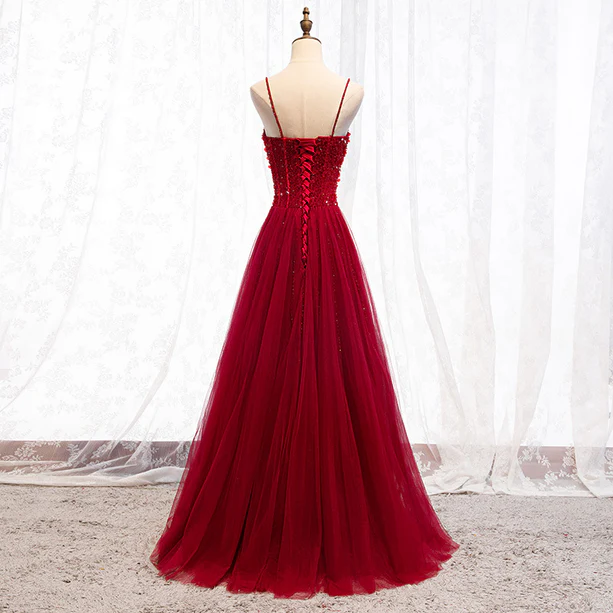 Gorgeous A Line Sweetheart Straps Red Beaded Long Prom Dress,Evening Dress GG389
