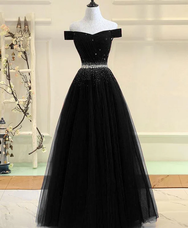 Gorgeous A Line Off The Shoulder Black Tulle Beaded Long Prom Dress,Evening Dress GG390