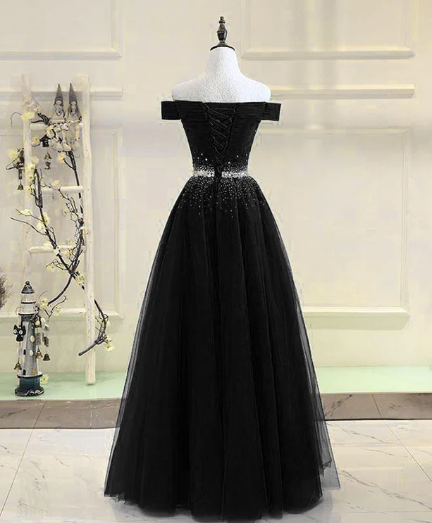 Gorgeous A Line Off The Shoulder Black Tulle Beaded Long Prom Dress,Evening Dress GG390