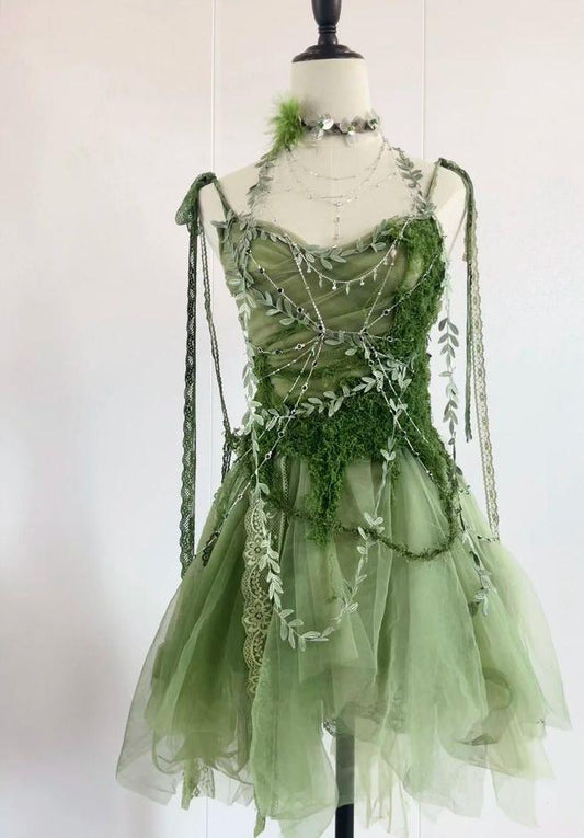 Gorgeous A Line Spaghetti Straps Green Tulle Short Homecoming Dress,Summer 20th Birthday Dress GG3930