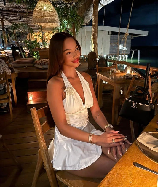 Classy A Line Halter White Satin Short Homecoming Dress,Summer 19th Birthday Dress GG3950