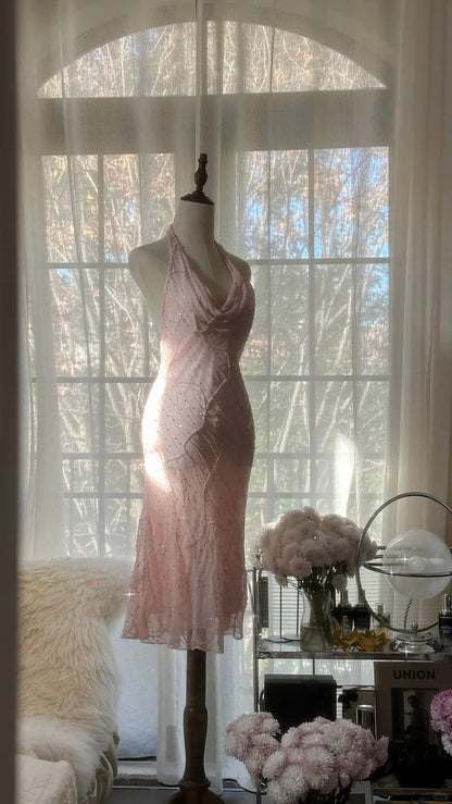 Stunning Mermaid Halter Pink Satin Tulle Sequin Backless Short Homecoming Dress,Summer 18th Birthday Dress GG3956