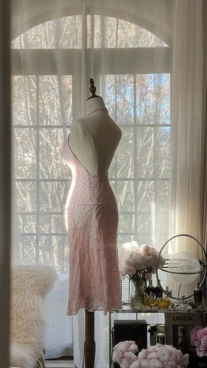 Stunning Mermaid Halter Pink Satin Tulle Sequin Backless Short Homecoming Dress,Summer 18th Birthday Dress GG3956
