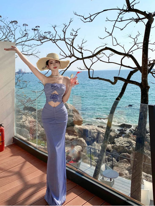 Unique Mermaid Strapless Lavender Satin With Flowers Long Prom Dress,Party Dress,Evening Dress GG3959